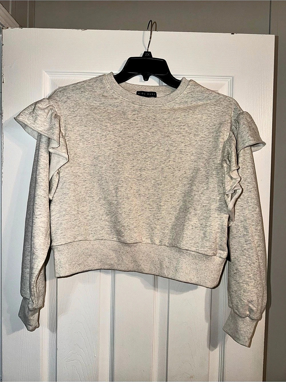 NWT Miou Muse Heather Grey Ruffle Shoulder Cropped Sweatshirt S